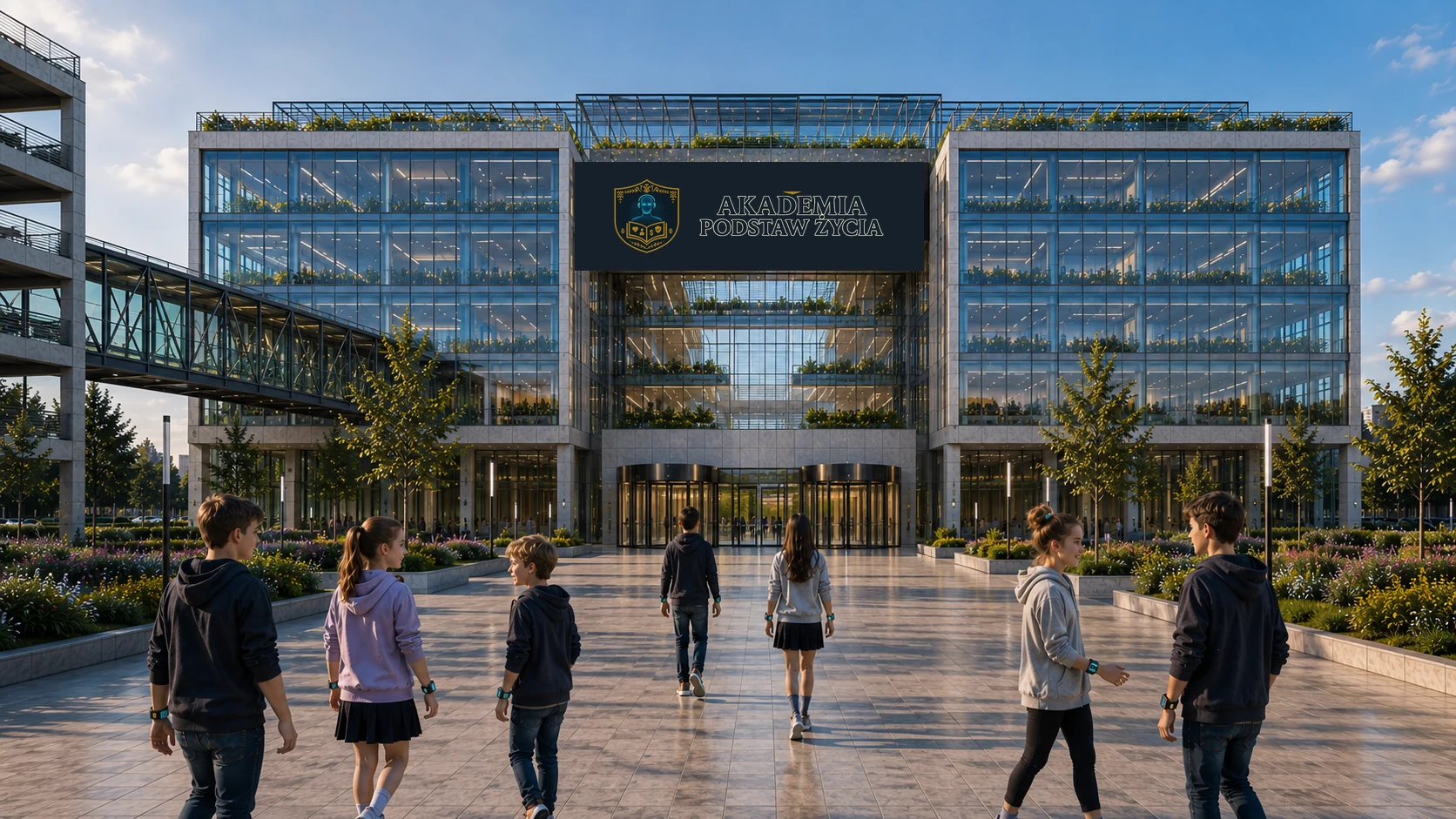 Ilustracja wygenerowana przez AI przedstawiająca wizję kampusu Akademii Podstaw Życia, nie zrzut z Unreal Engine