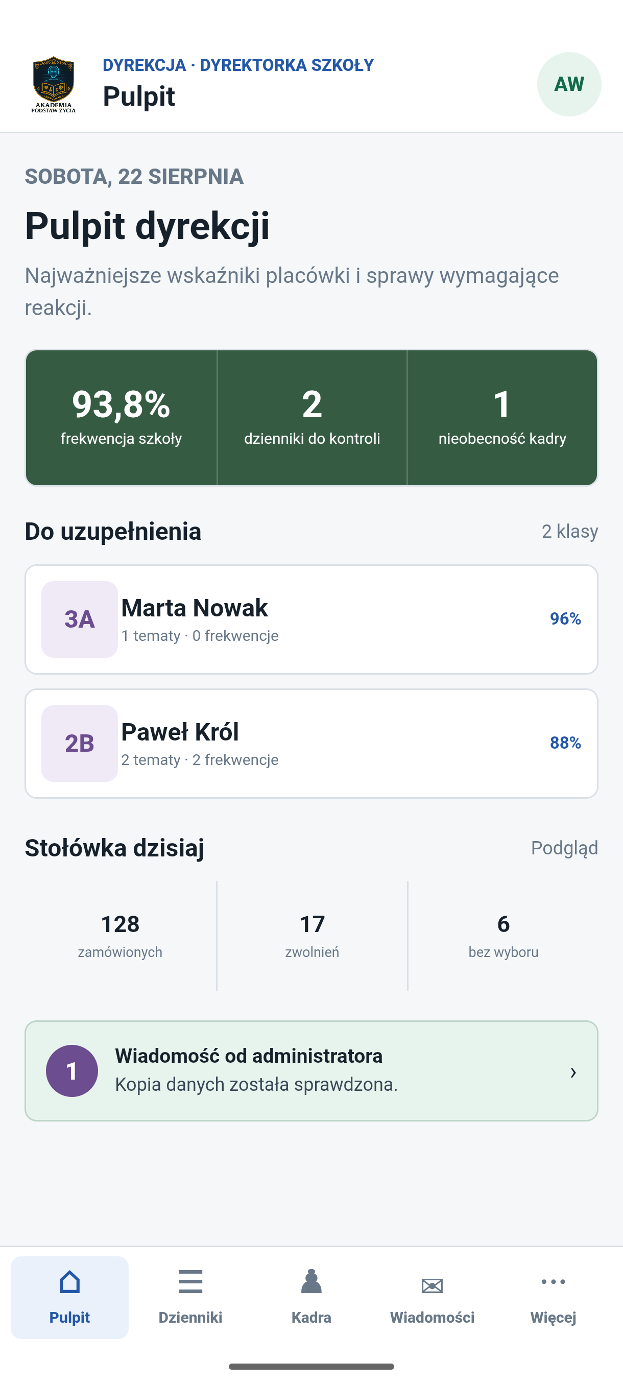 Widok aplikacji Android dla dyrekcji: frekwencja, kontrola dzienników i stołówka.