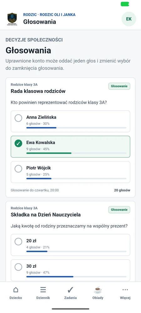 Widok aplikacji Android dla rodzica: ankiety klasowe i wybrana odpowiedź.
