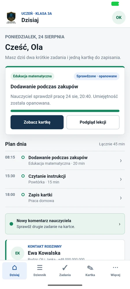 Widok aplikacji Android dla ucznia: sprawdzone zadanie, komentarz i plan dnia.