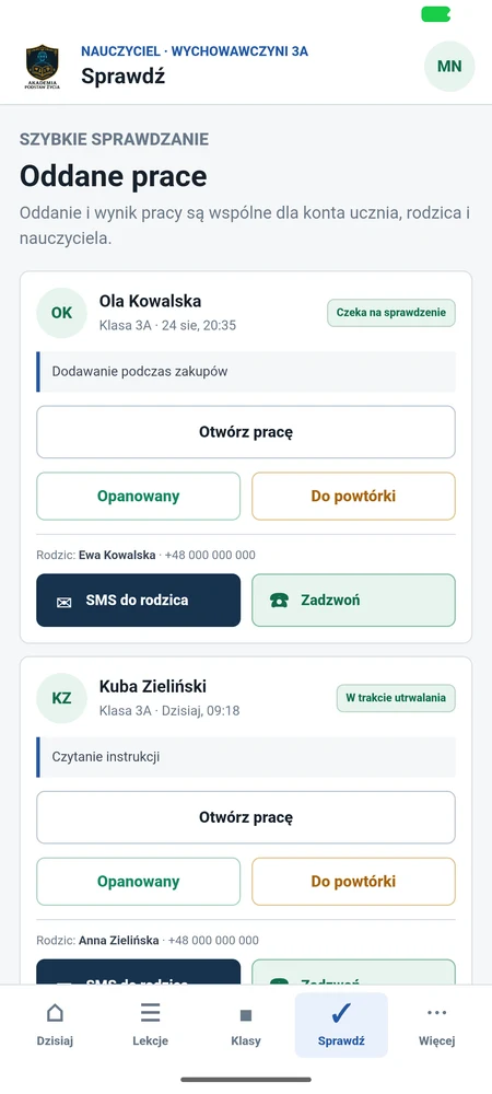 Widok aplikacji Android dla nauczyciela: prace uczniów i informacja zwrotna.