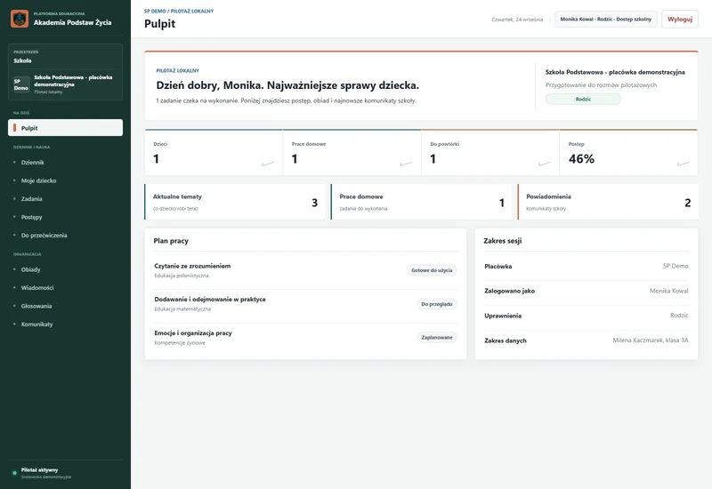 Widok WWW rodzica: tematy, zadania, postępy i powiadomienia dotyczące dziecka.