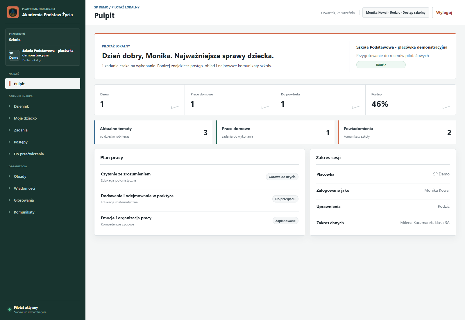 Widok WWW rodzica: tematy, zadania, postępy i powiadomienia dotyczące dziecka.