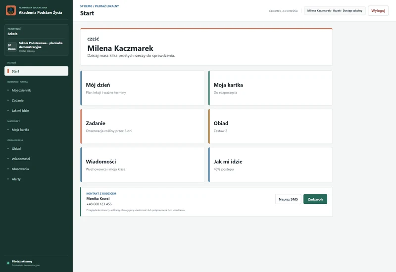 Widok WWW ucznia: plan dnia, cyfrowa kartka, zadanie i postęp.
