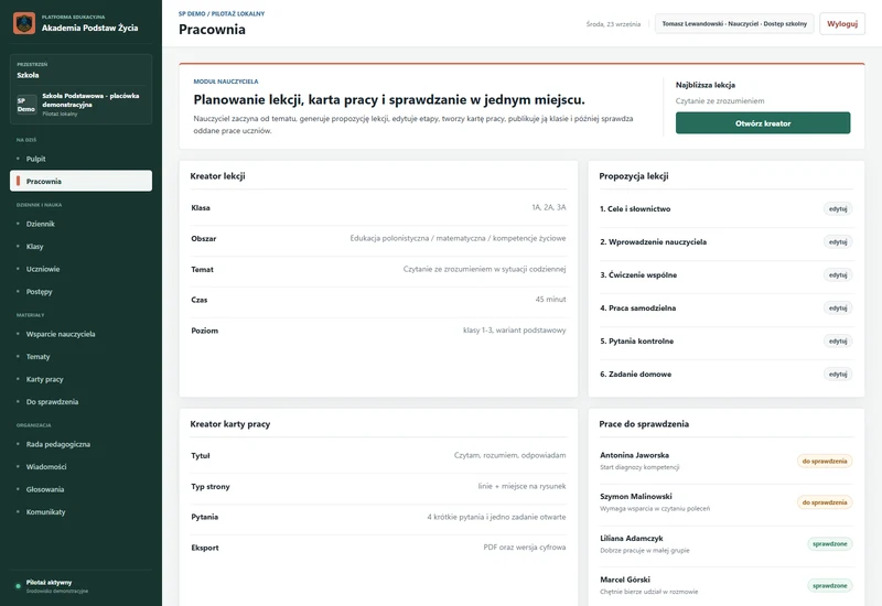 Pracownia nauczyciela w WWW: etapy lekcji, karta pracy i lista prac do sprawdzenia.