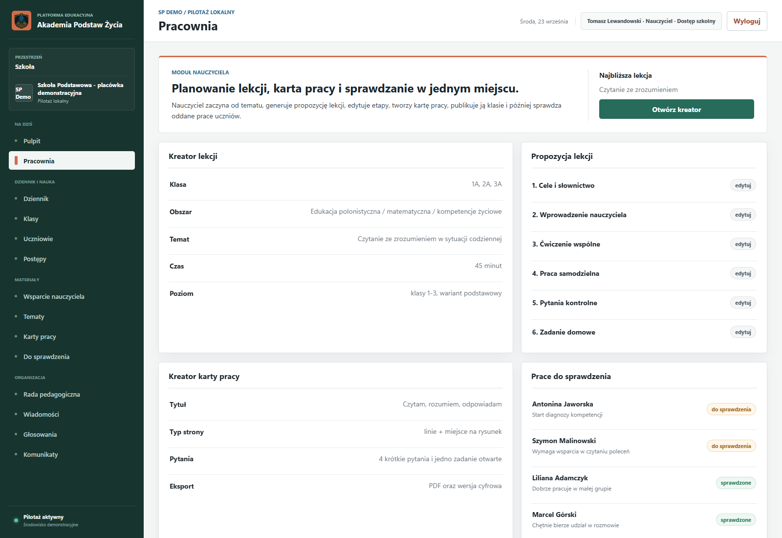 Pracownia nauczyciela w WWW: etapy lekcji, karta pracy i lista prac do sprawdzenia.